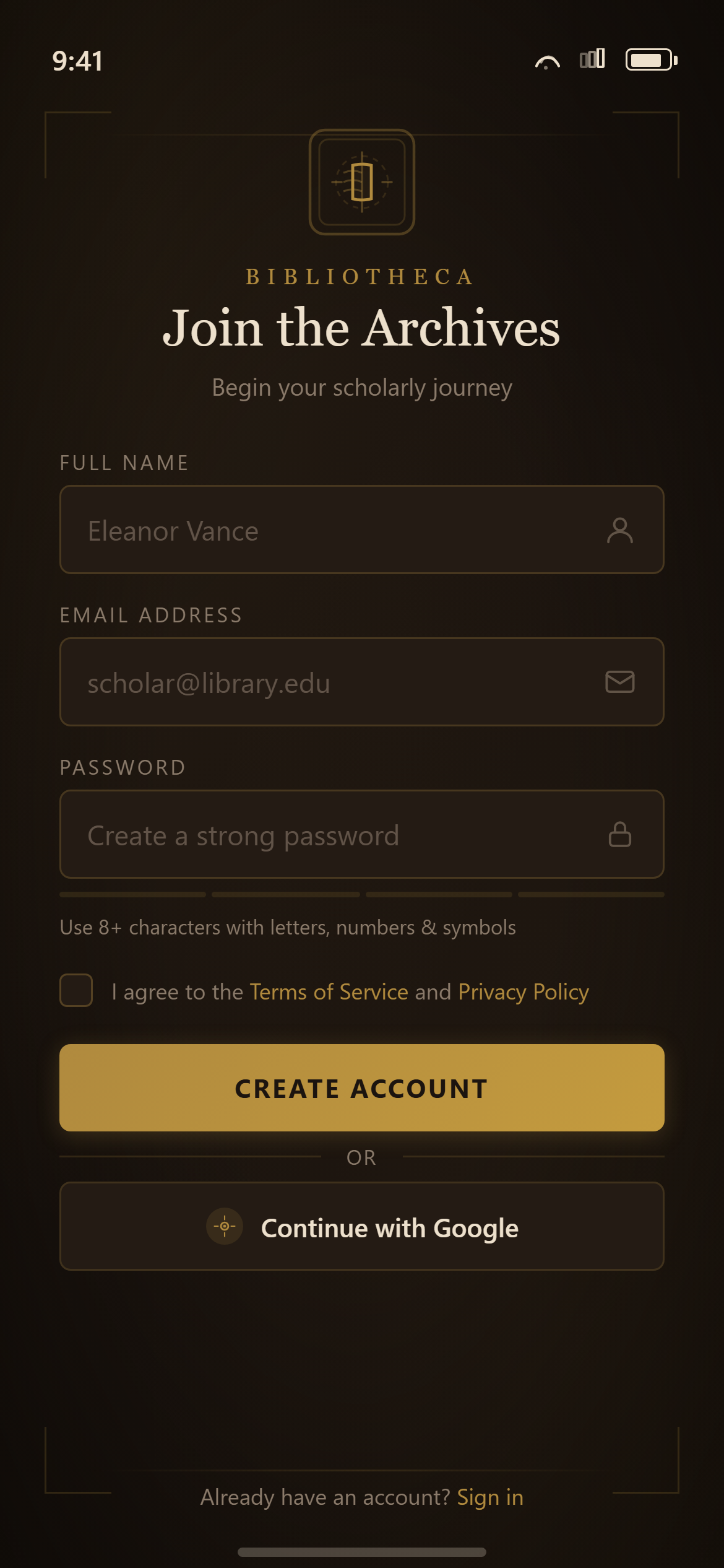 Dark Academia Sign Up