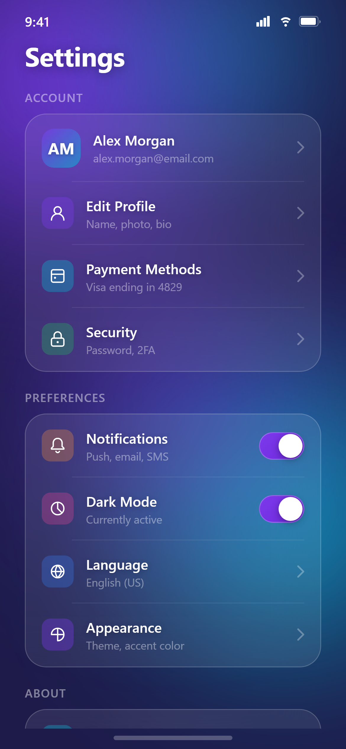 Glassmorphism Settings
