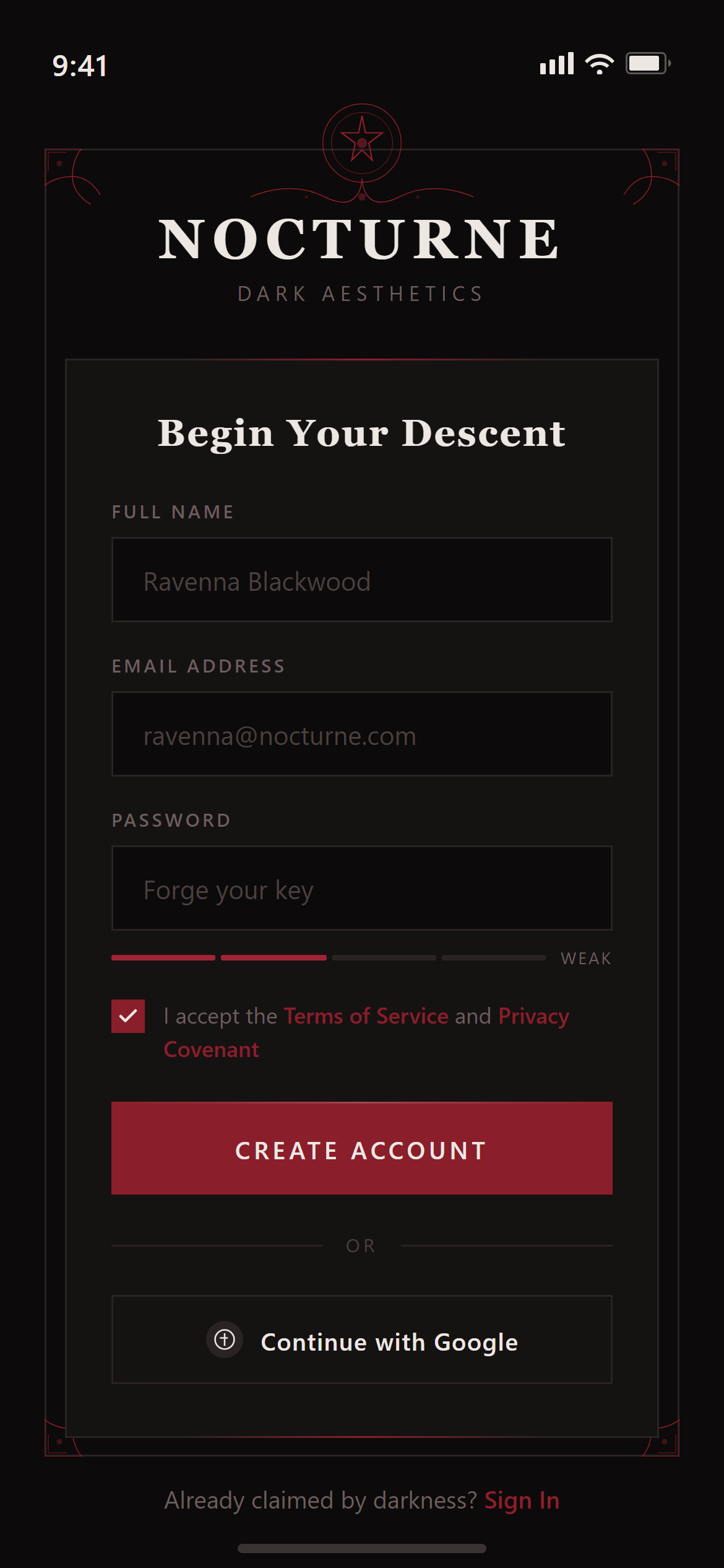 Gothic Dark Sign Up