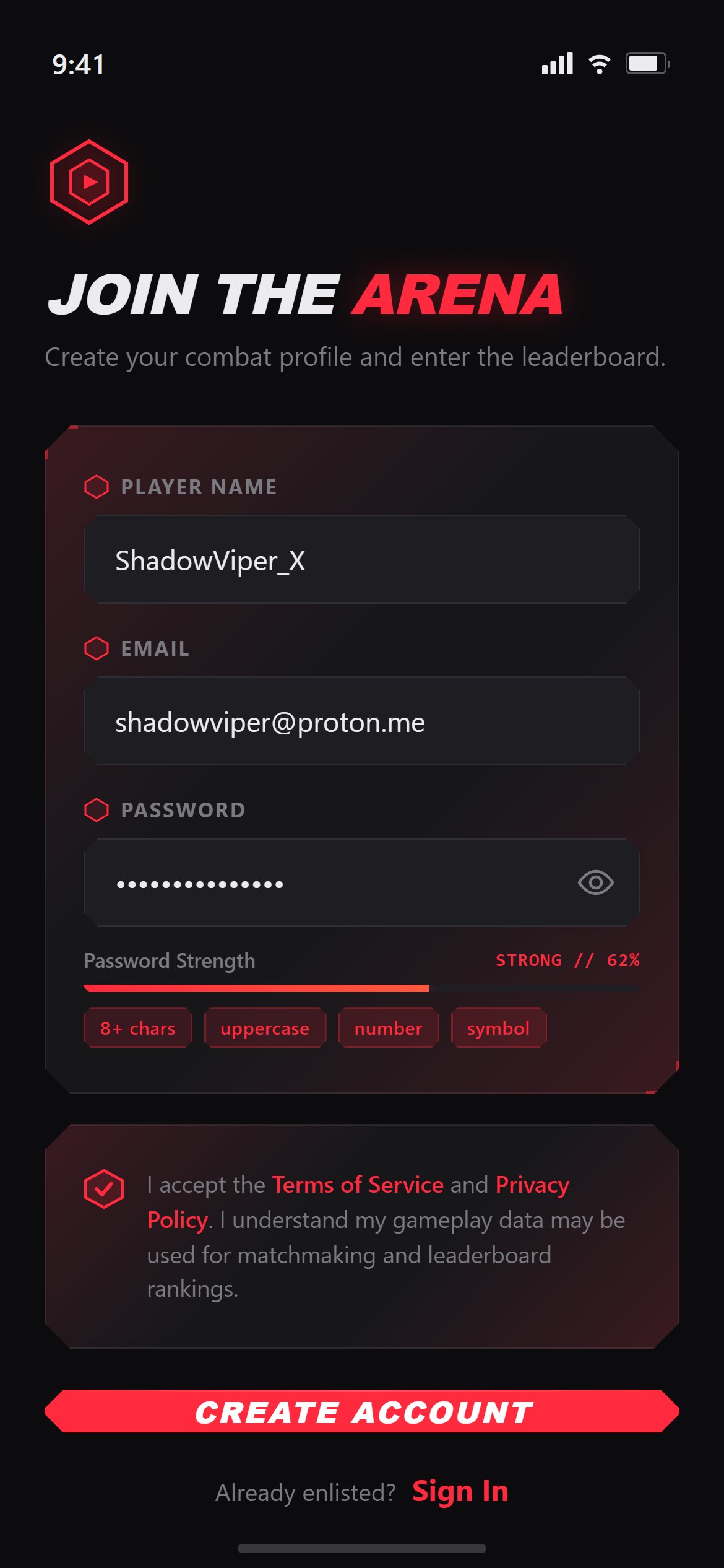 Gaming HUD Create Account