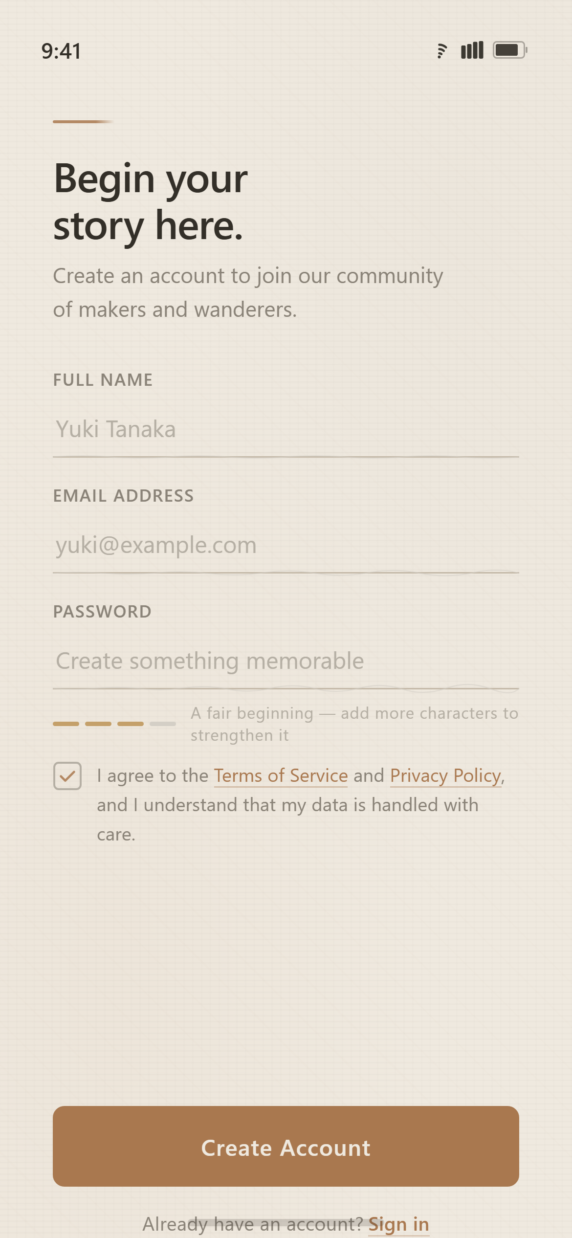 Wabi-Sabi Create Account