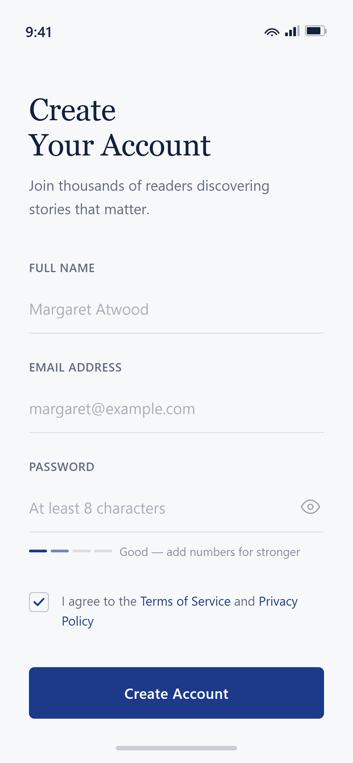 Warm Editorial Create Account