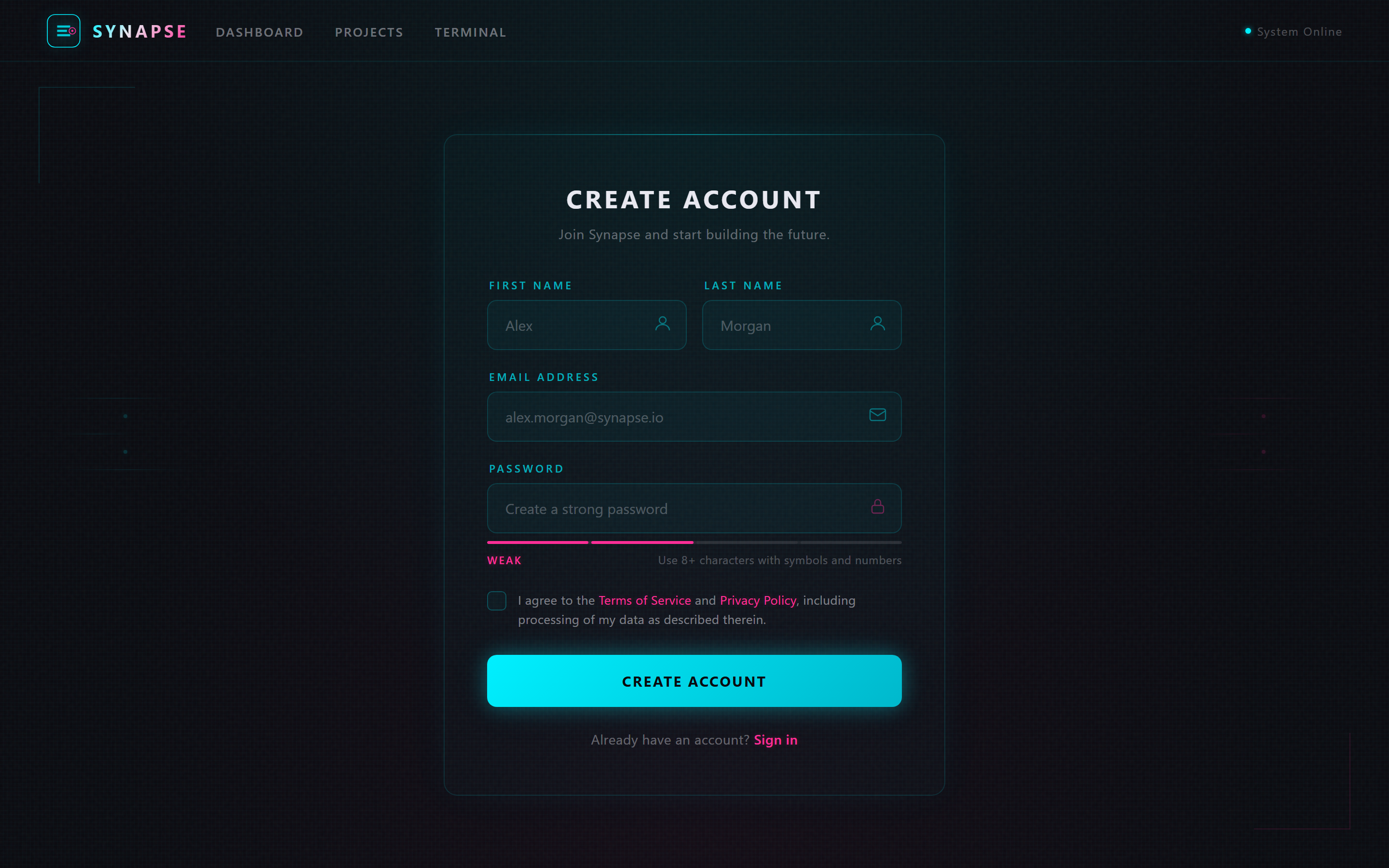 Neon Cyber Sign Up