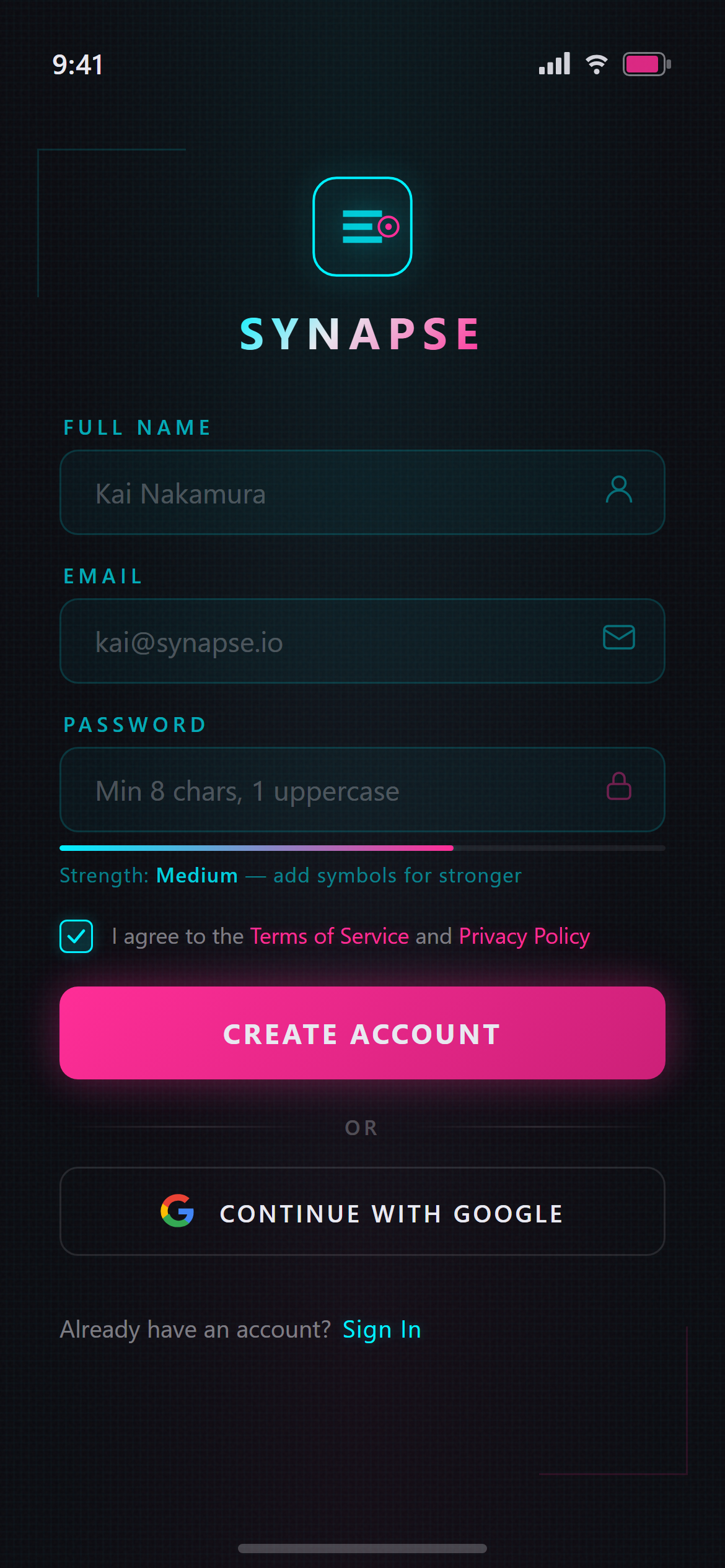 Neon Cyber Sign Up