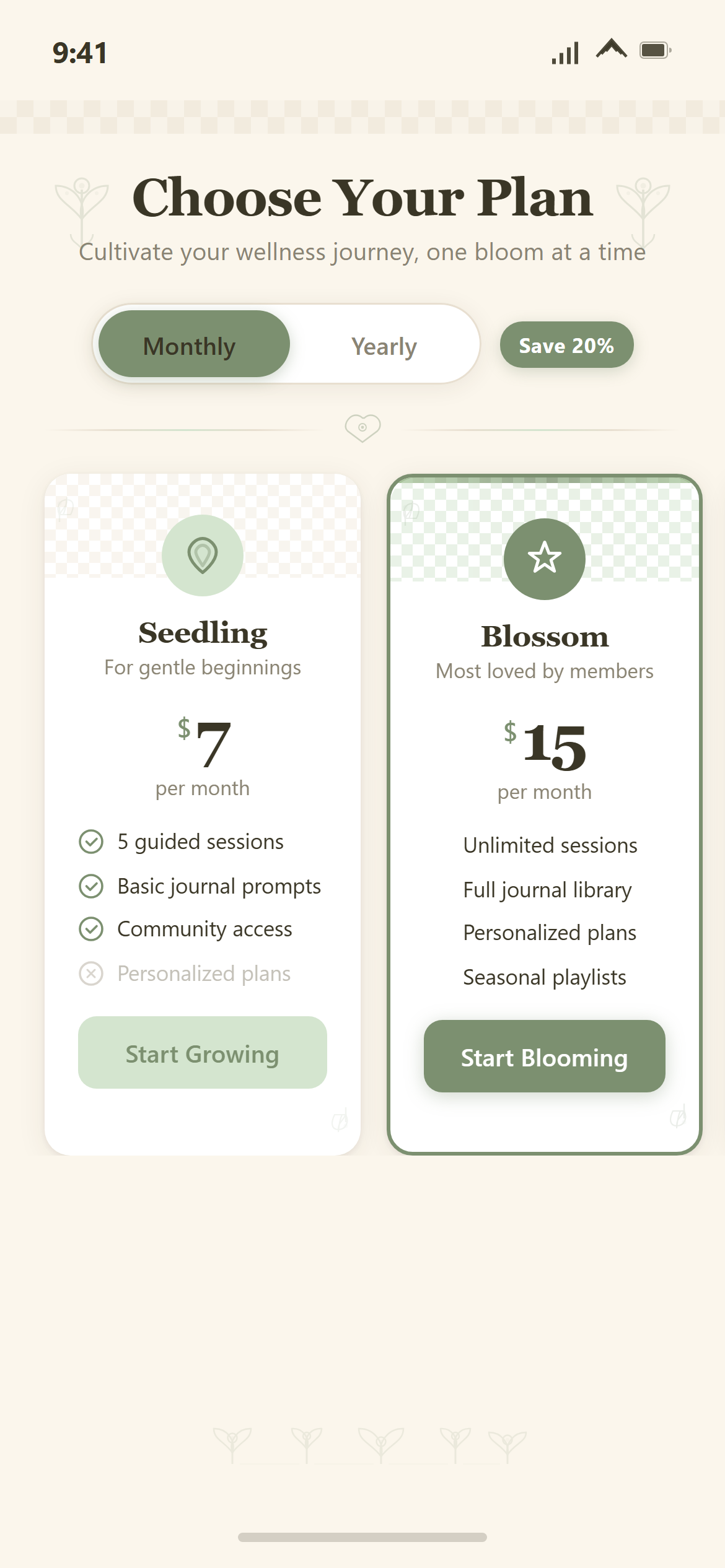 Cottagecore Plans with Billing Toggle