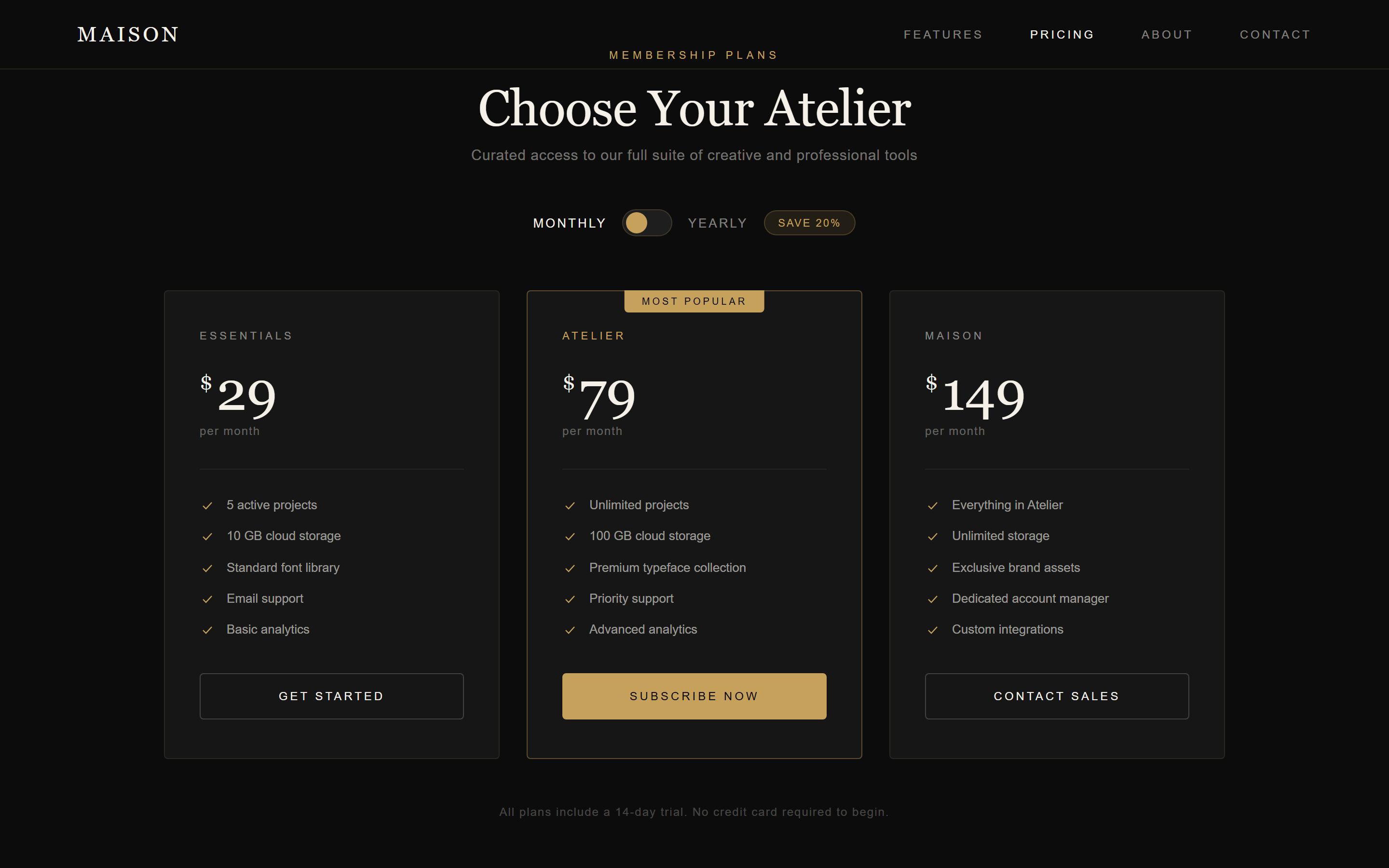 Luxury Dark Plans with Billing Toggle