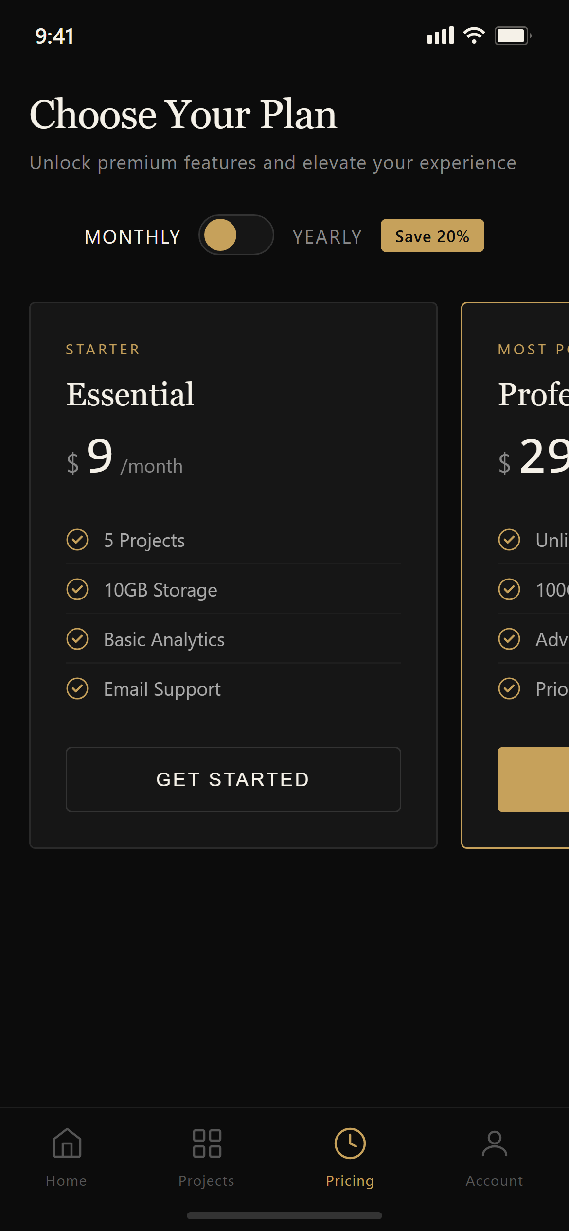 Luxury Dark Plans with Billing Toggle