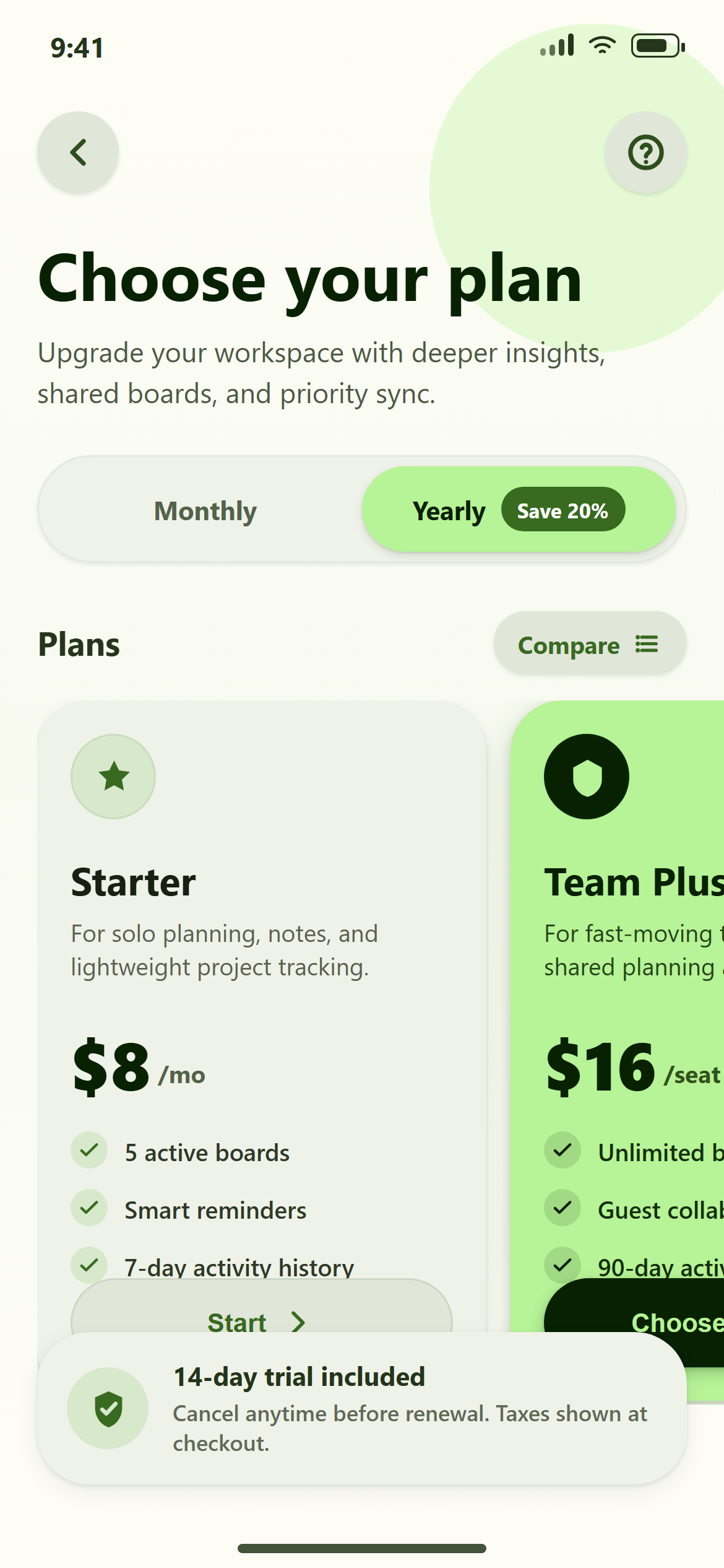 Material You Plans with Billing Toggle