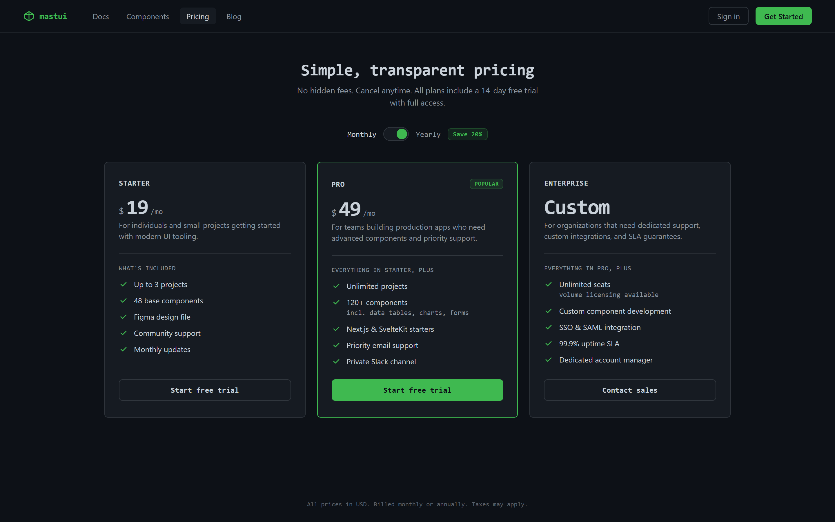 Technical Mono Plans with Billing Toggle