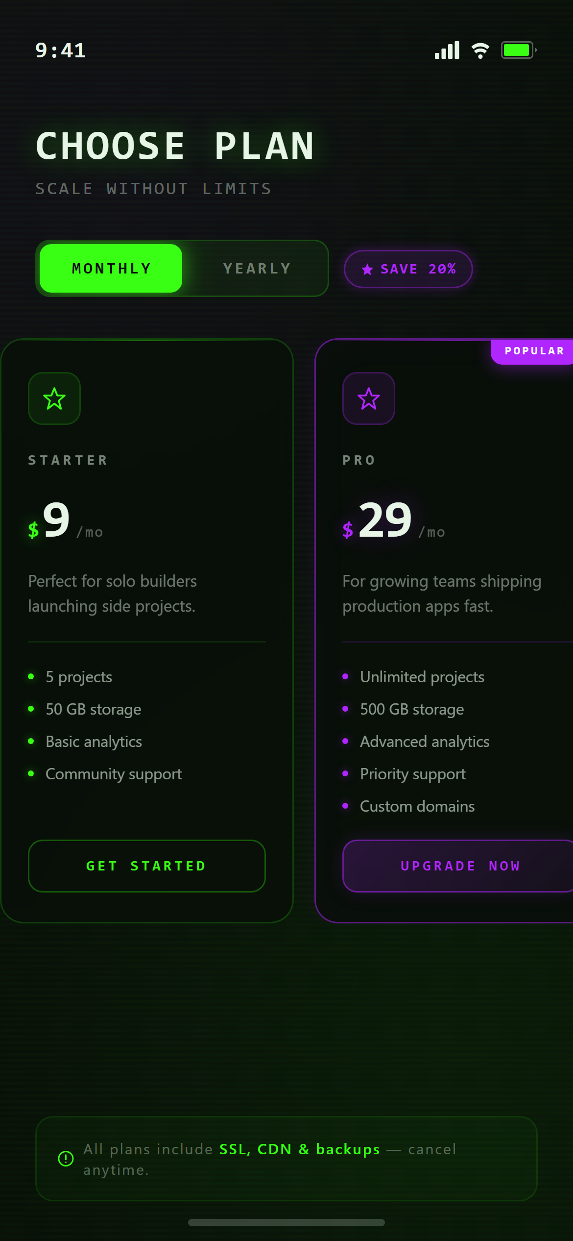 Neon Cyber Plans with Billing Toggle