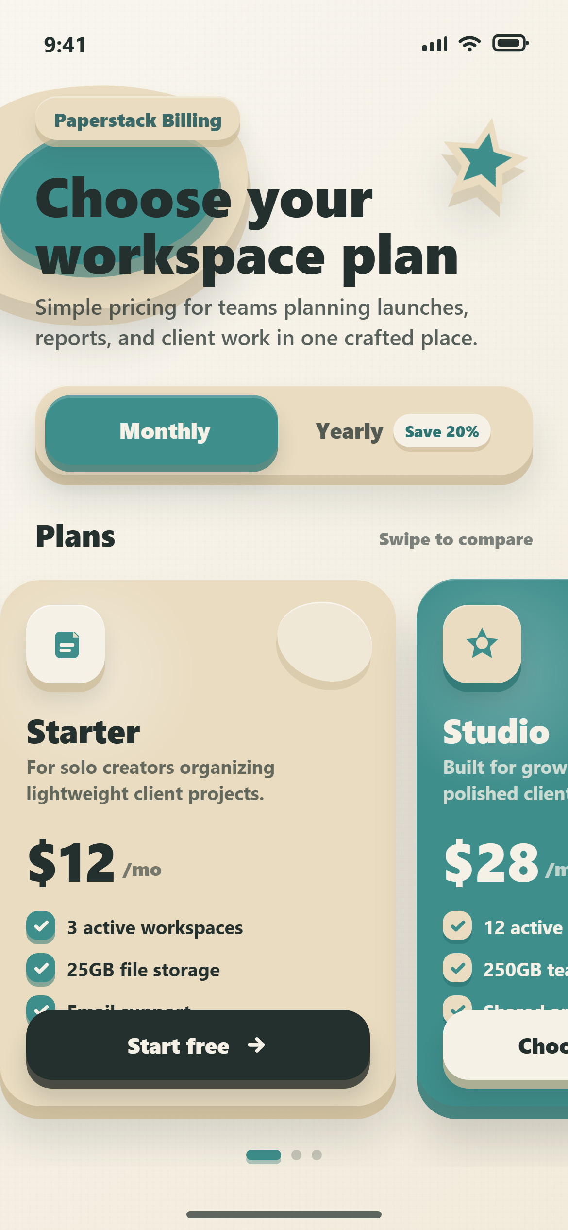 Paper Cut Plans with Billing Toggle