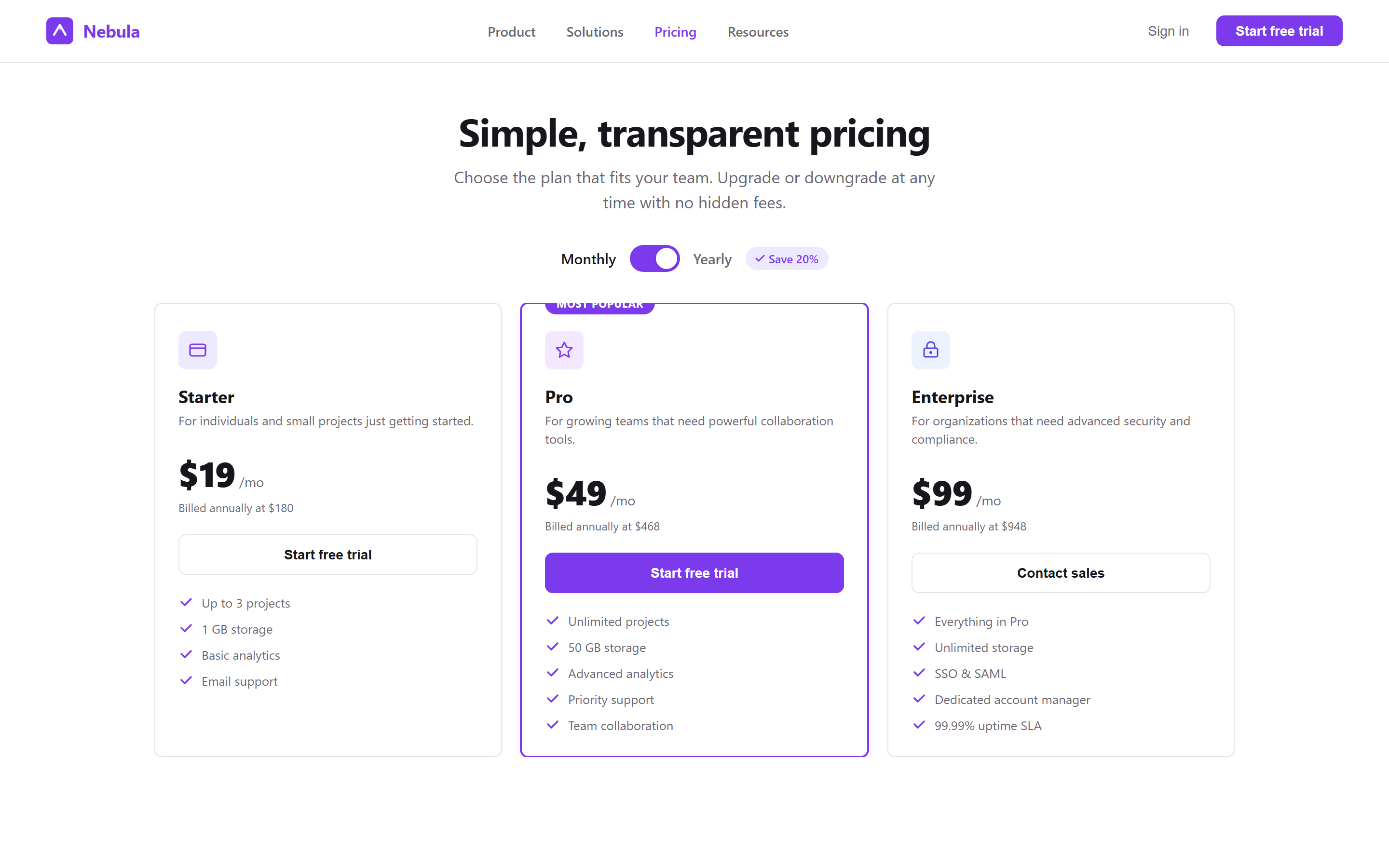 SaaS Clean Plans with Billing Toggle