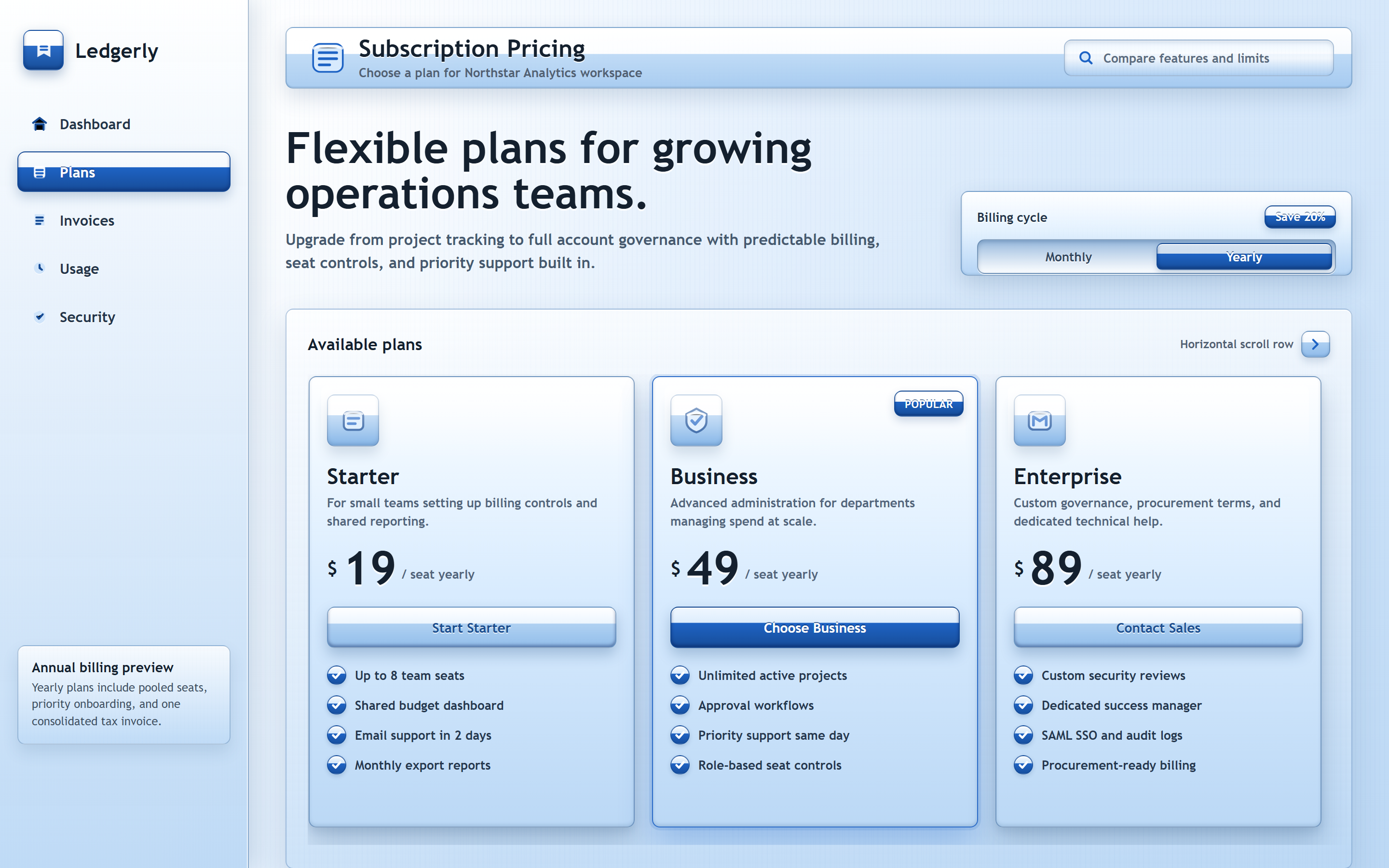 Skeuomorphic Plans with Billing Toggle