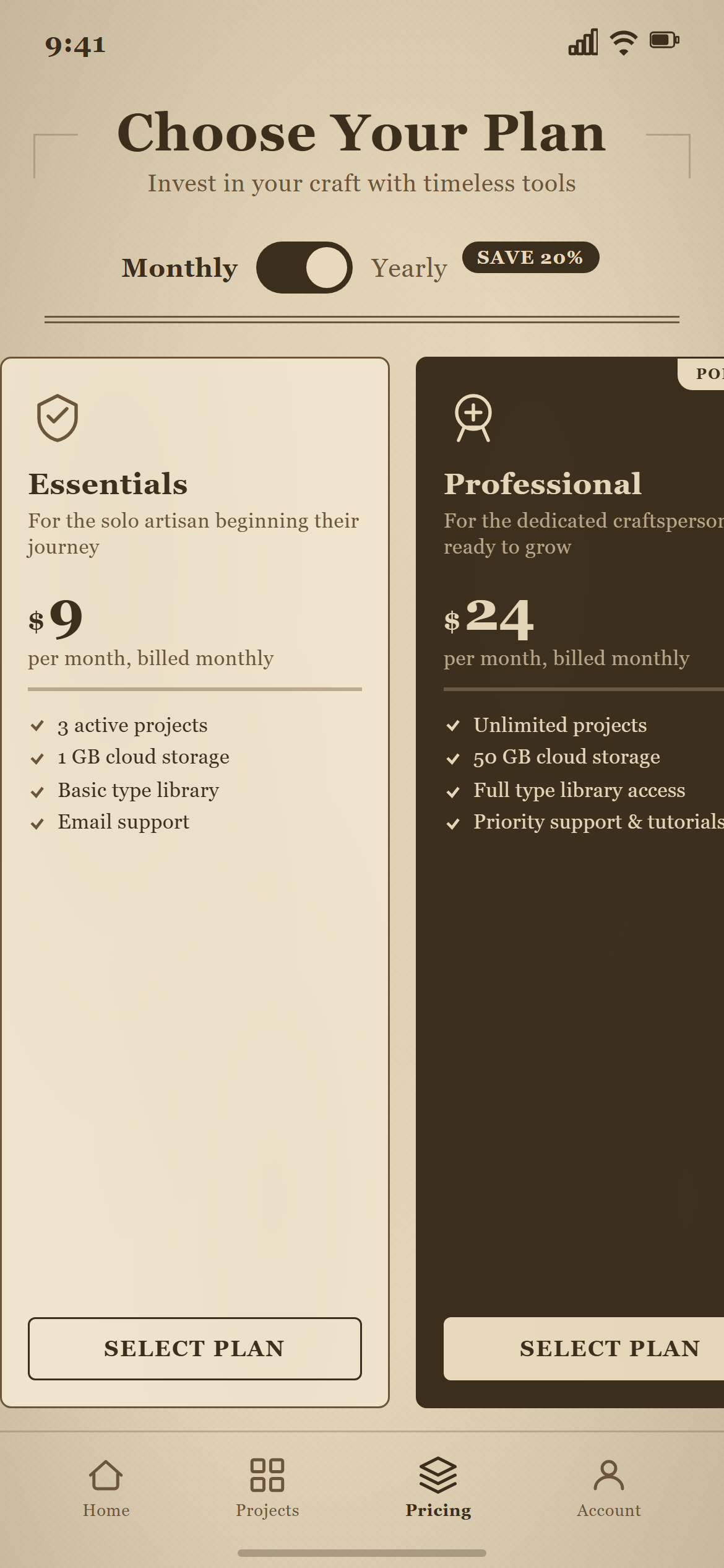 Vintage Sepia Plans with Billing Toggle
