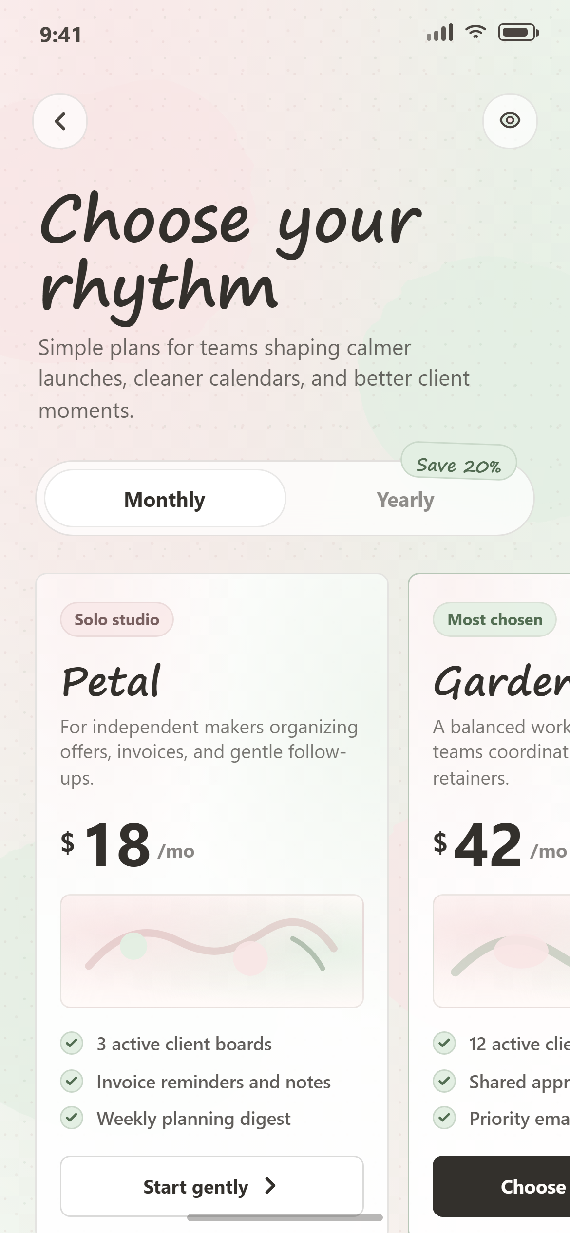 Watercolor Plans with Billing Toggle