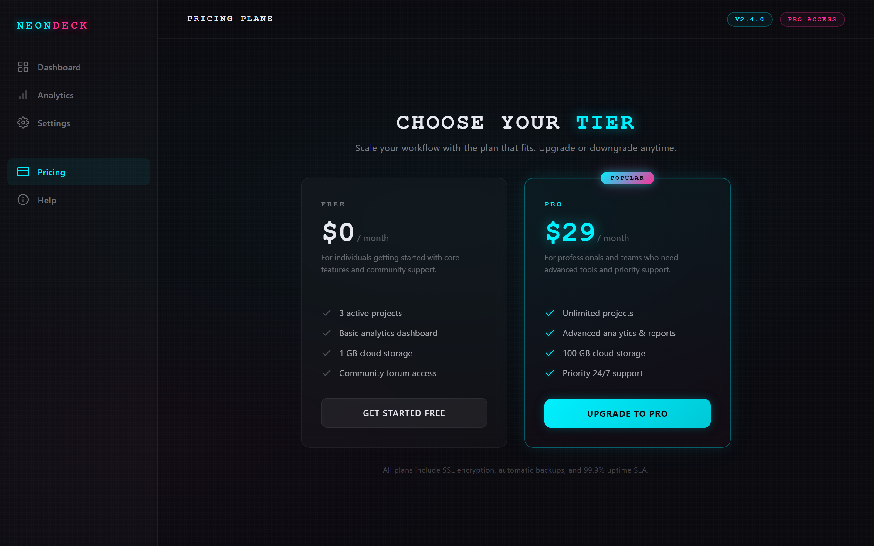 Neon Cyber Simple Pricing