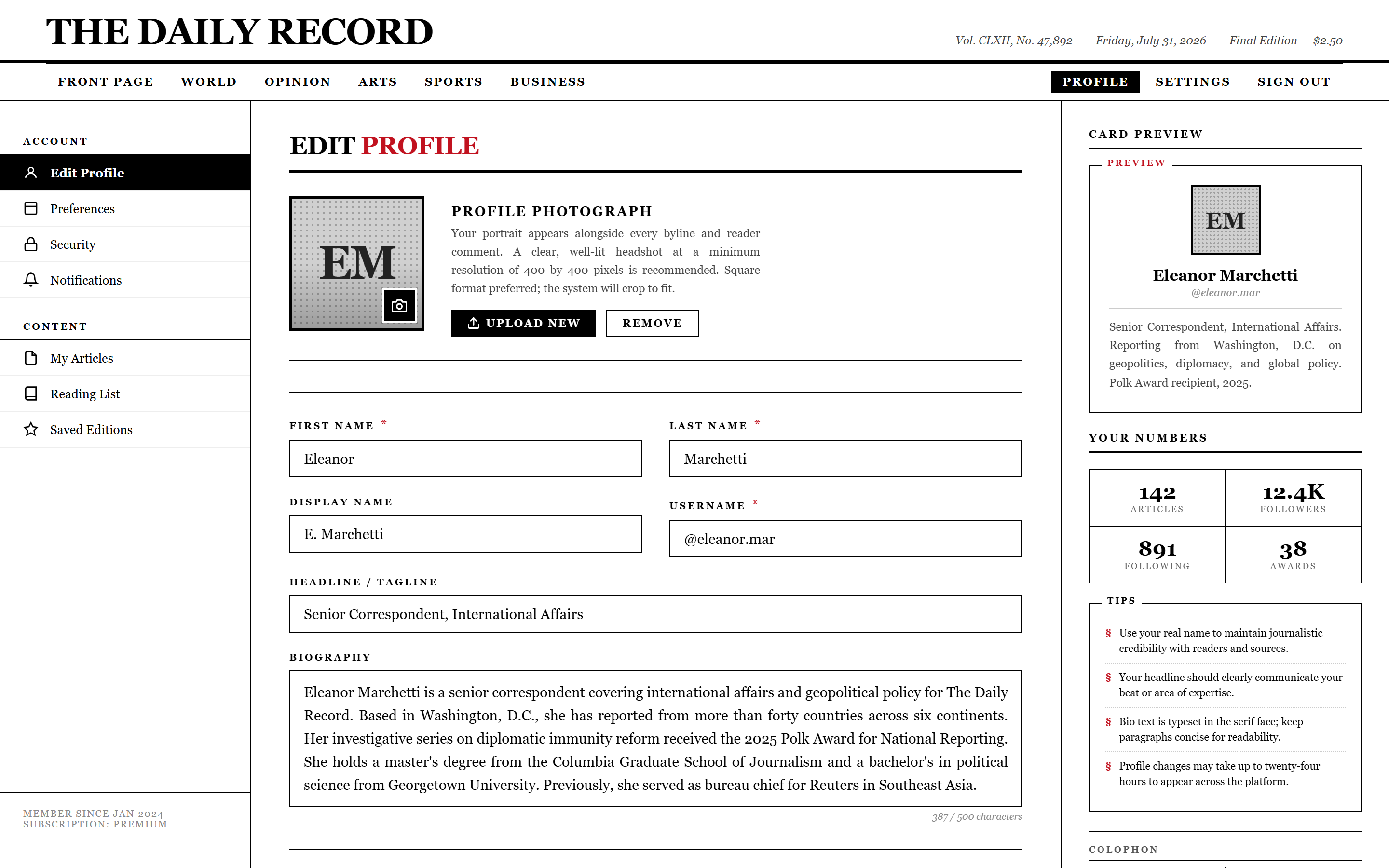 Print Newspaper Edit Profile