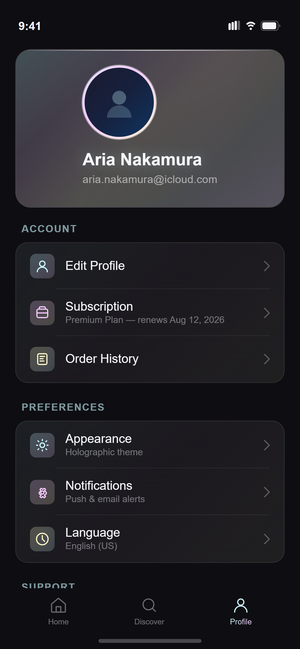 Holographic Profile & Settings