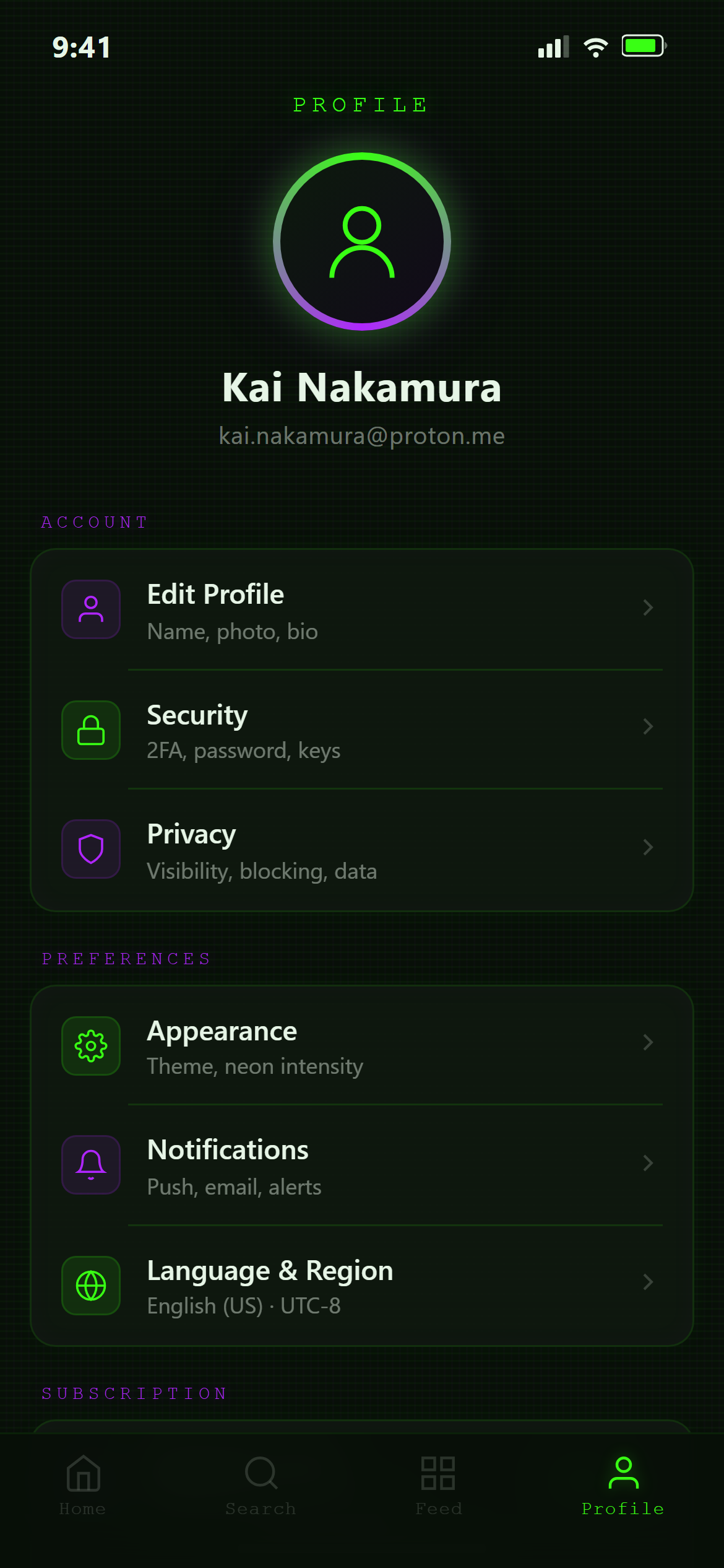 Neon Cyber Profile & Settings