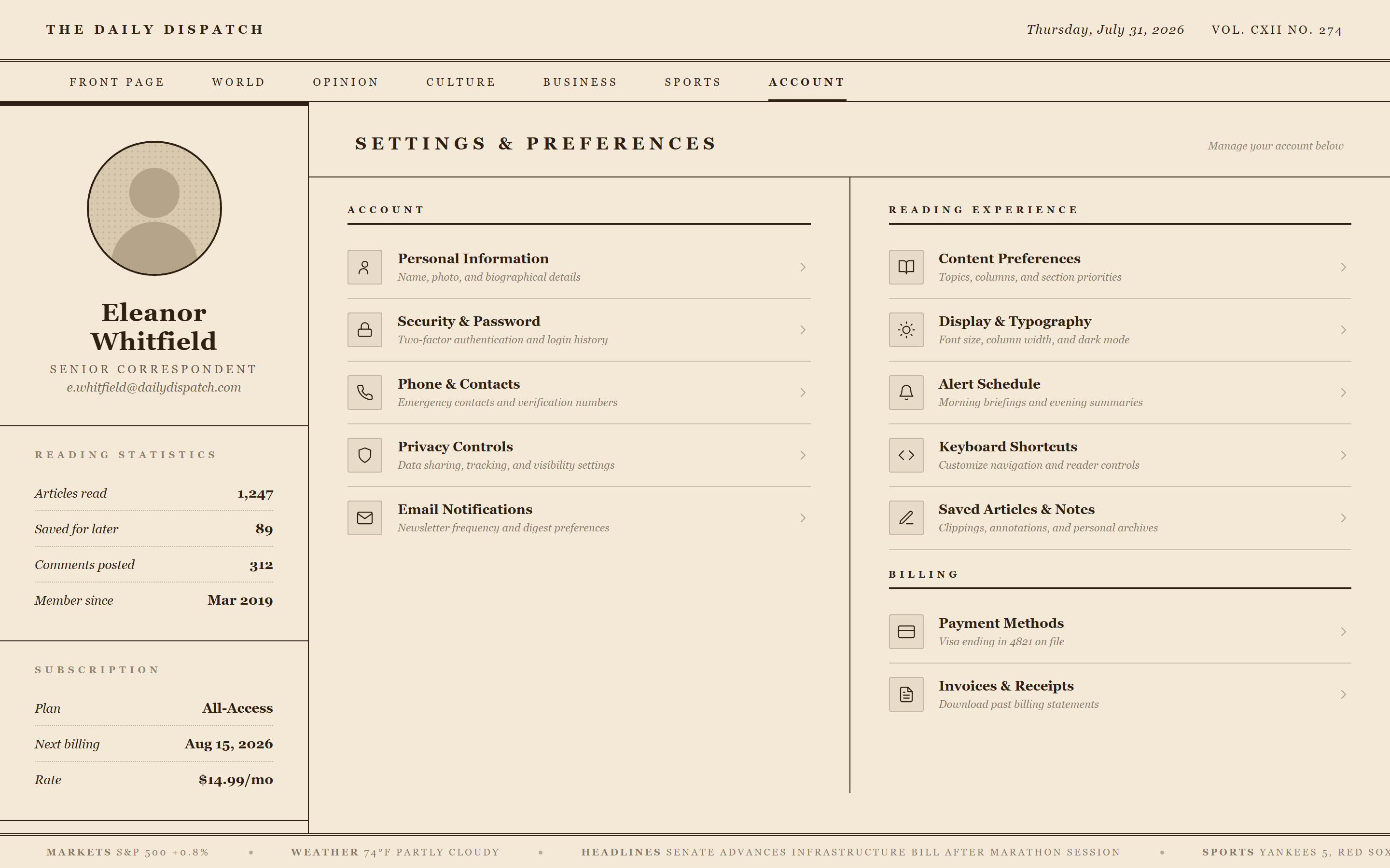 Print Newspaper Profile & Settings