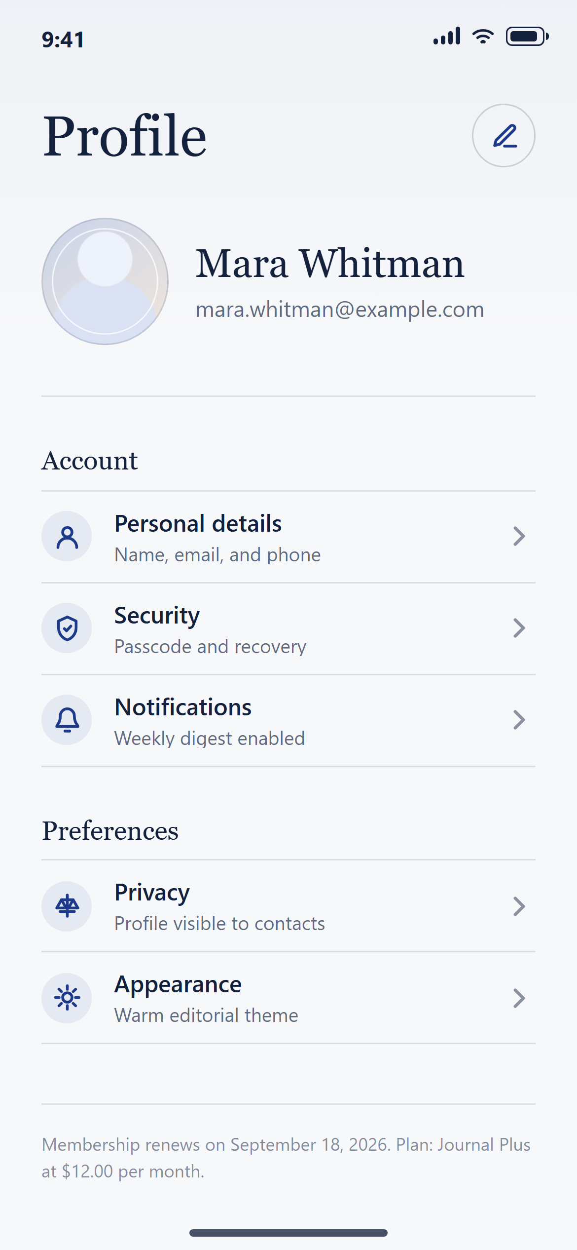 Warm Editorial Profile & Settings