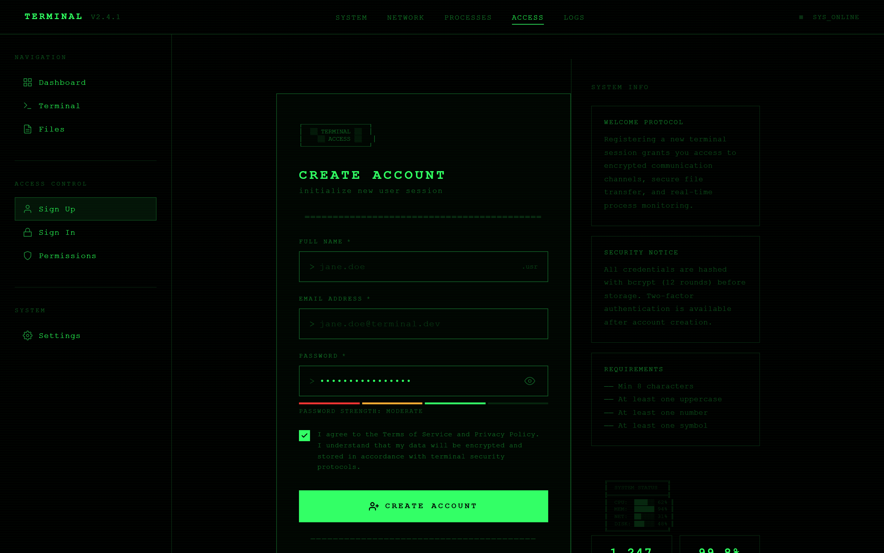 Terminal Hacker Sign Up