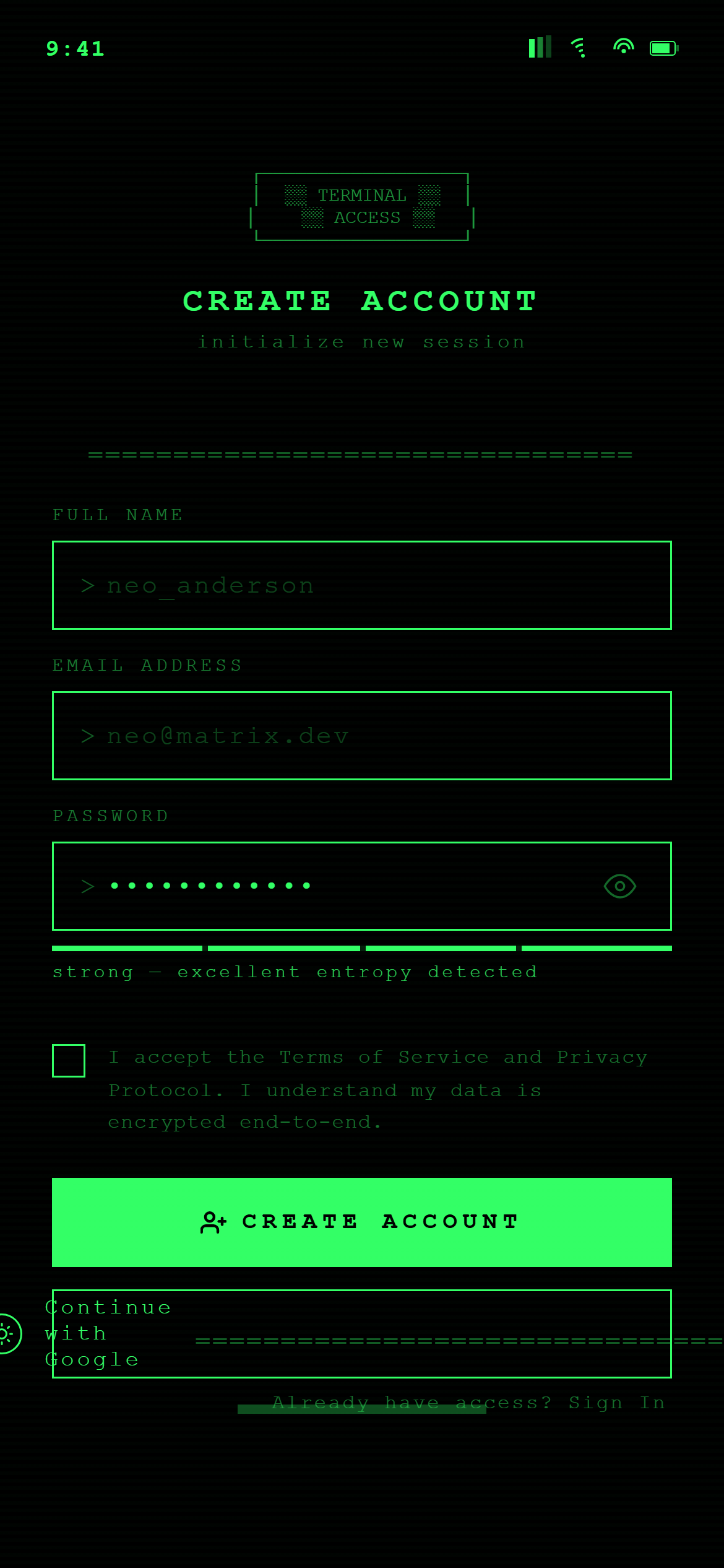 Terminal Hacker Sign Up